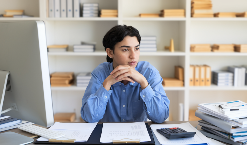 bureau-documents-calculatrice-ordinateur-etageres